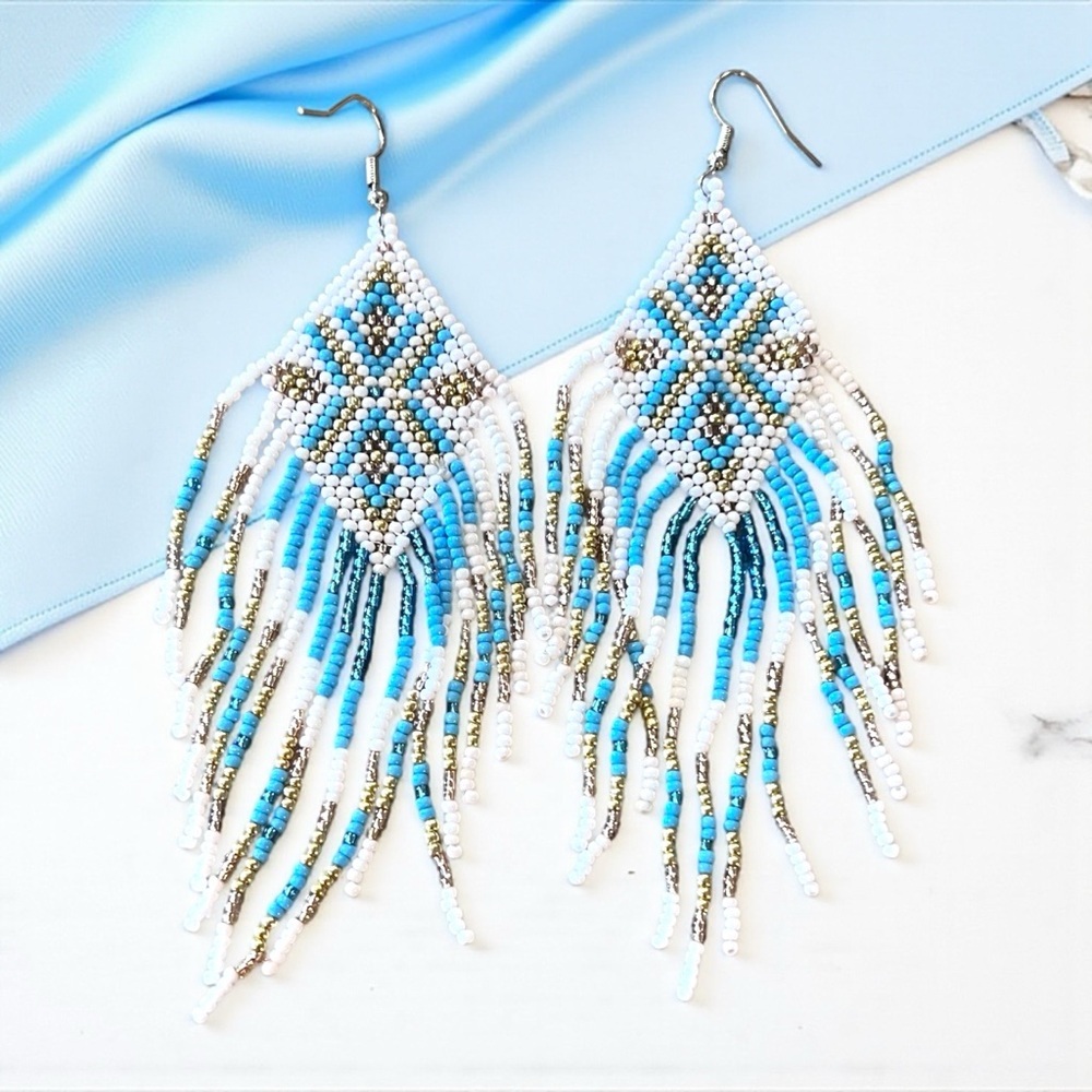 Southwestern Handbeaded Beaded Fringe Earrings - Picture 4 of 11